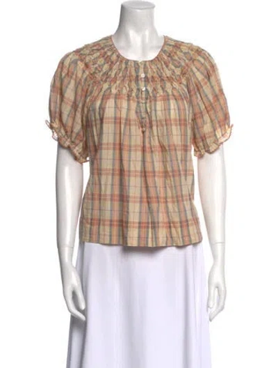 Pre-owned The Great Plaid Print Crew Neck Blouse In Neutral