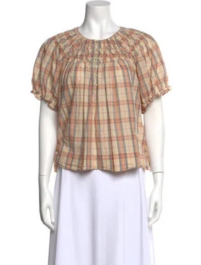 Pre-owned The Great Plaid Print Crew Neck Blouse In Neutral