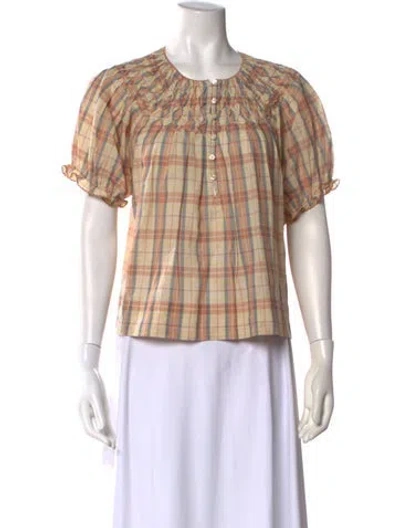 Pre-owned The Great Plaid Print Crew Neck Blouse In Neutral