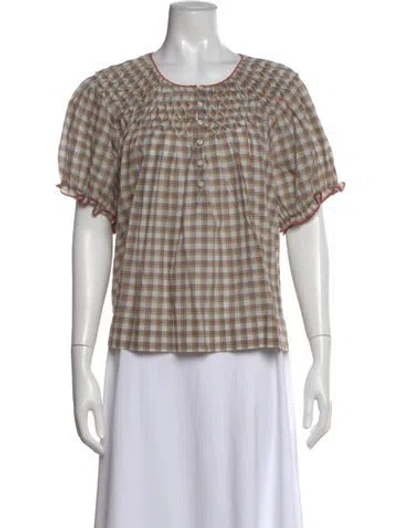 Pre-owned The Great Plaid Print Crew Neck Blouse In Neutral