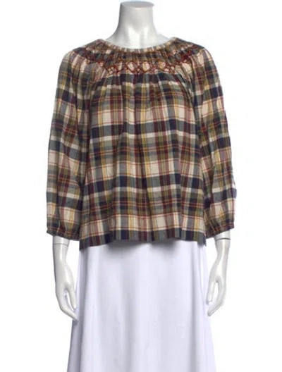 Pre-owned The Great Plaid Print Crew Neck Blouse In Neutral