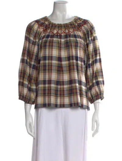 Pre-owned The Great Plaid Print Crew Neck Top In Brown