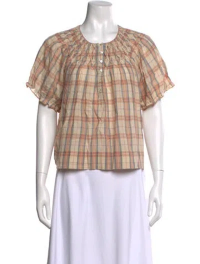 Pre-owned The Great Plaid Print Crew Neck Top In Brown