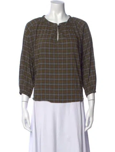 Pre-owned The Great Plaid Print Crew Neck Top In Green