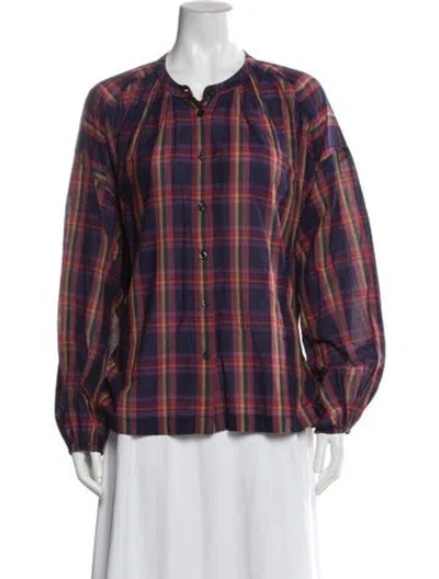Pre-owned The Great Plaid Print Long Sleeve Blouse In Purple