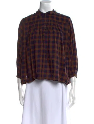 Pre-owned The Great Plaid Print Mock Neck Blouse In Brown