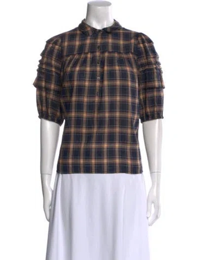 Pre-owned The Great Plaid Print Mock Neck Button-up Top In Blue