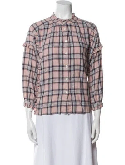 Pre-owned The Great Plaid Print Mock Neck Button-up Top In Multi