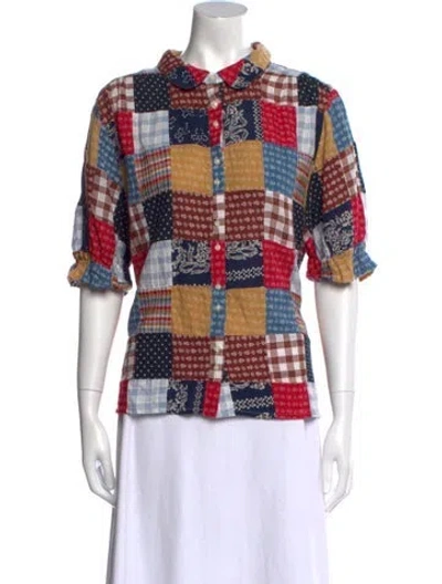 Pre-owned The Great Plaid Print Mock Neck Button-up Top In Multi