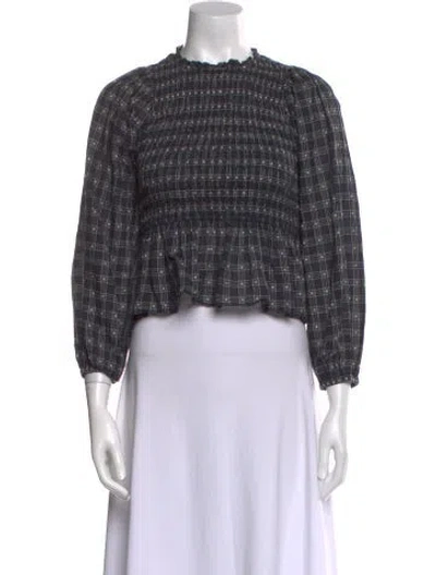 Pre-owned The Great Plaid Print Mock Neck Crop Top In Blue