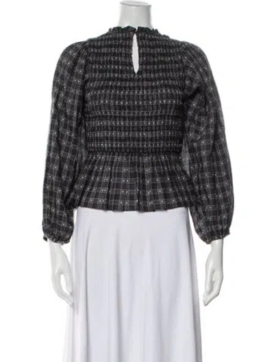 Pre-owned The Great Plaid Print Mock Neck Crop Top In Blue