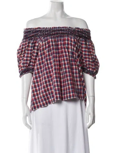 Pre-owned The Great Plaid Print Off-the-shoulder Blouse W/ Tags In White