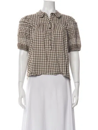 Pre-owned The Great Plaid Print Short Sleeve Blouse In Green