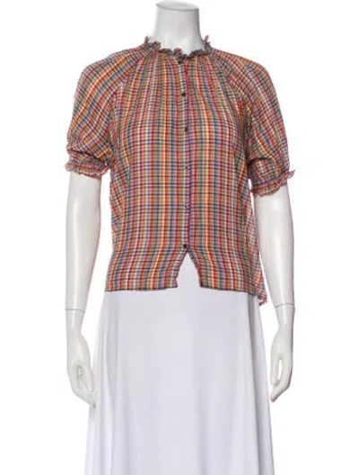 Pre-owned The Great Plaid Print Short Sleeve Blouse In Red
