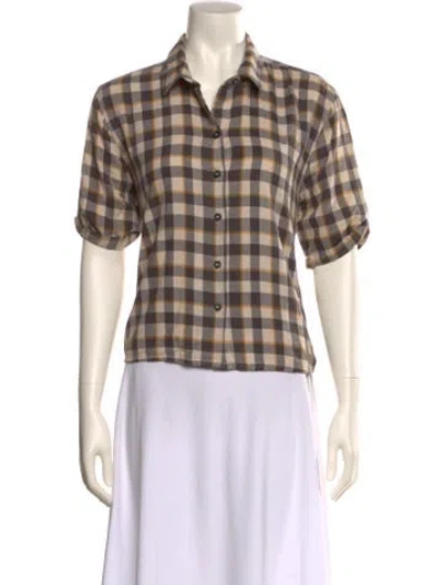 Pre-owned The Great Plaid Print Short Sleeve Button-up Top In Neutral