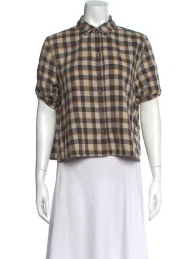 Pre-owned The Great Plaid Print Short Sleeve Button-up Top In Neutral