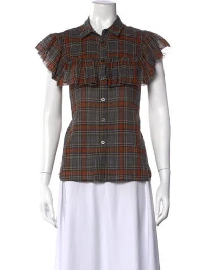Pre-owned The Great Plaid Print Short Sleeve Top In Gray