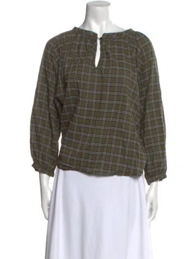 Pre-owned The Great Plaid Print Square Neckline Blouse In Green