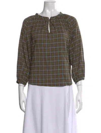 Pre-owned The Great Plaid Print Three-quarter Sleeve Blouse In Green