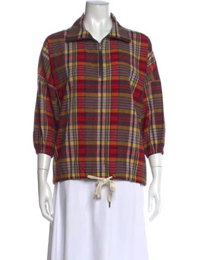 Pre-owned The Great Plaid Print Three-quarter Sleeve Top In Red