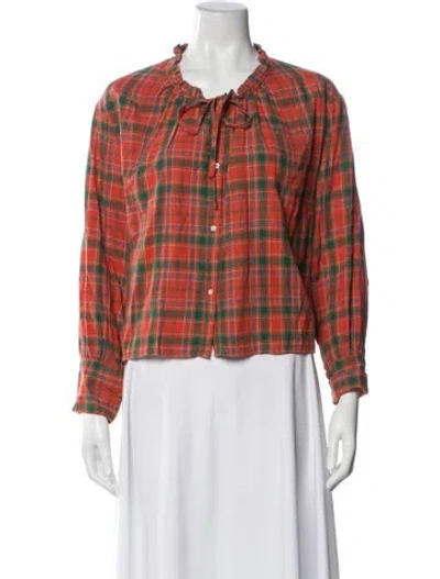 Pre-owned The Great Plaid Print Tie Neck Blouse In Multi
