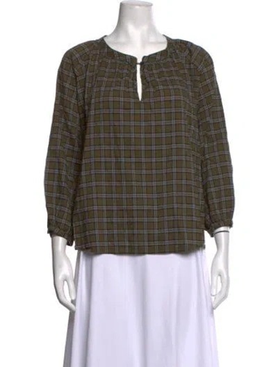 Pre-owned The Great Plaid Print V-neck Top In Green