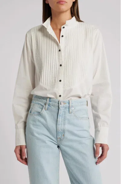 The Great Pleated Long Sleeve Tuxedo Top In White