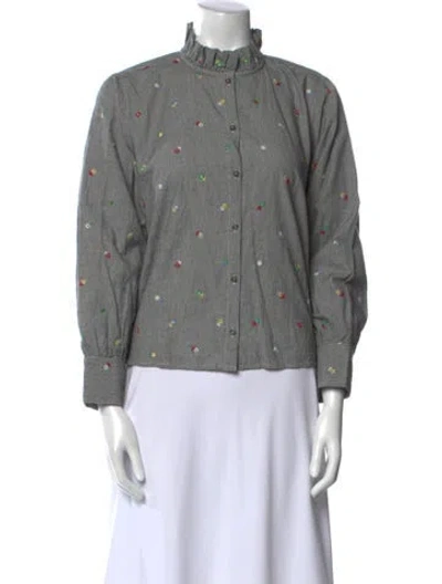 Pre-owned The Great Printed Mock Neck Button-up Top In Black