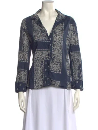 Pre-owned The Great Printed V-neck Blouse In Blue