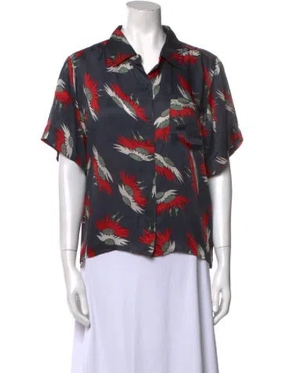 Pre-owned The Great Printed V-neck Blouse In Blue