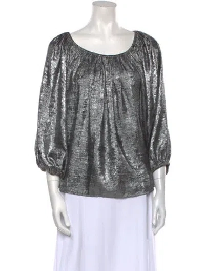 Pre-owned The Great Scoop Neck Three-quarter Sleeve Blouse In Silver