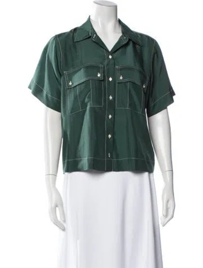 Pre-owned The Great Silk Short Sleeve Button-up Top In Green