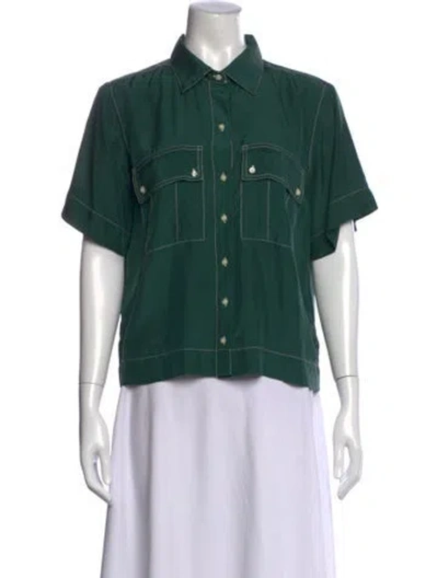 Pre-owned The Great Silk Short Sleeve Button-up Top In Green