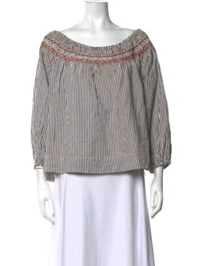 Pre-owned The Great Striped Off-the-shoulder Blouse In Grey