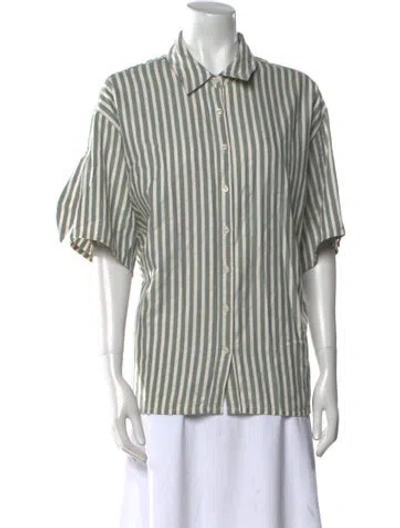 Pre-owned The Great Striped Short Sleeve Button-up Top In Green