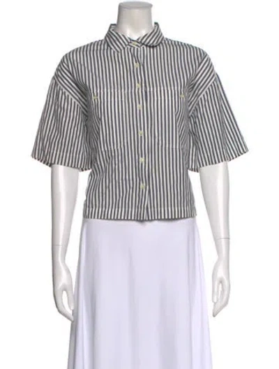 Pre-owned The Great Striped Short Sleeve Button-up Top In Green