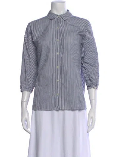 Pre-owned The Great Striped Three-quarter Sleeve Button-up Top In Blue