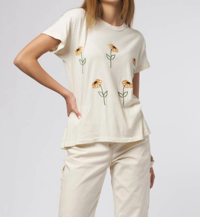 The Great The Boxy Crew Weeping Daisy Embroidery Tee In White In Beige