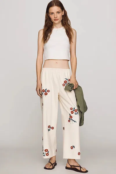 The Great . The Easy Pant Embroidered Floral Cotton Crop Pants In Neutral