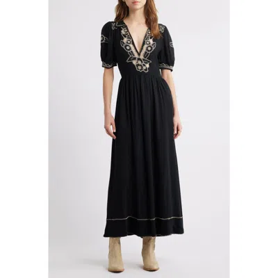 The Great . The Elysian Floral Embroidered Georgette Maxi Dress In Black
