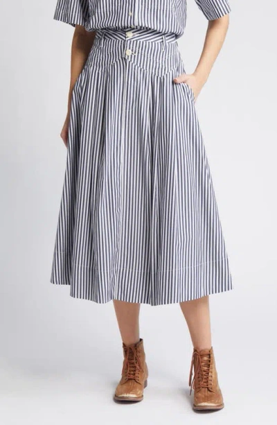 The Great The Field Stripe Cotton Midi Skirt In Navy Studio Stripe