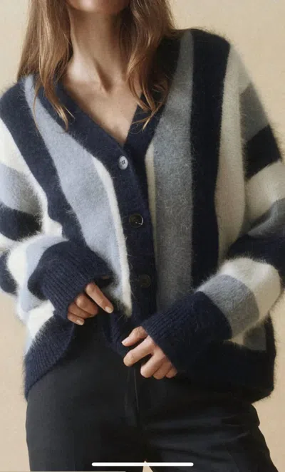 The Great The Fluffly Slouch Cardigan In Navy Stripe In Grey