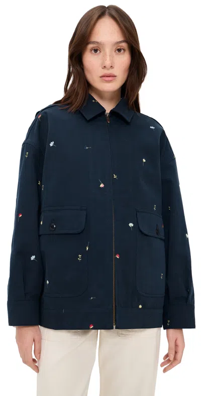 The Great The Folsom Jacket With Tossed Floral Embroidery Navy In Blue