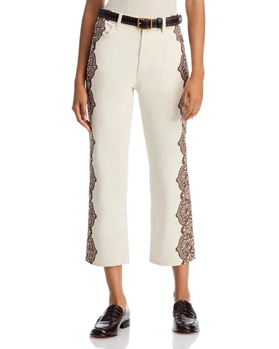 THE GREAT THE LACE PRINT WAYN HIGH RISE CROPPED JEANS IN CREAM WITH BROWN