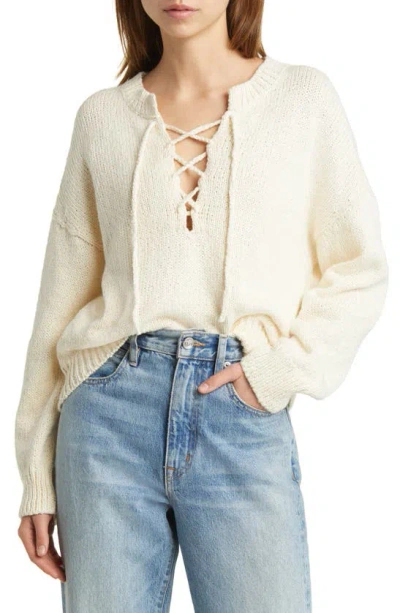 The Great The Lace-up Cotton Sweater In Bone