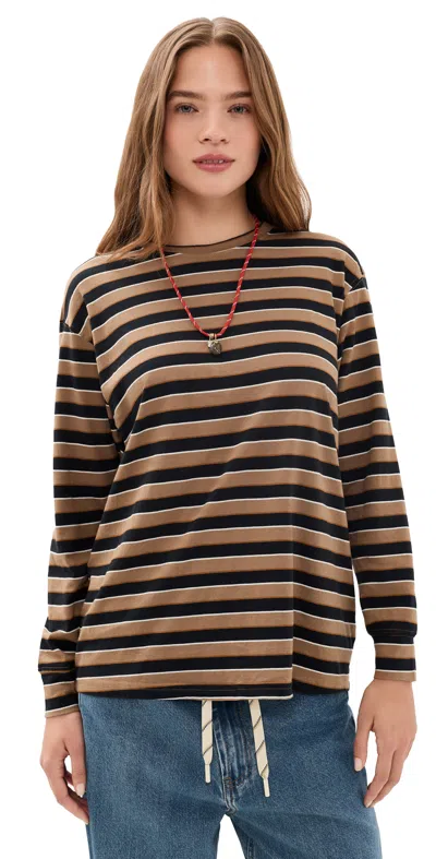 The Great The Long Sleeve Relaxed Crew Tee Cigar Stripe In Brown