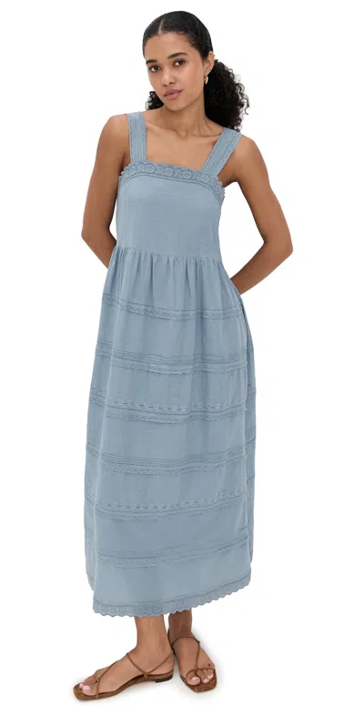 The Great . Reverie Embroidered Tiered Cotton Sundress In Blue