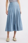 The Great . The Rhythm Pleated Chambray Midi Skirt In Boiler Wash