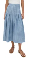 The Great . The Rhythm Pleated Chambray Midi Skirt In Blue