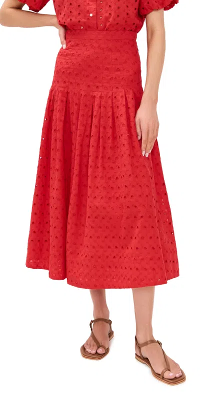 The Great . The Rhythm Eyelet Midi Skirt In Red Rose